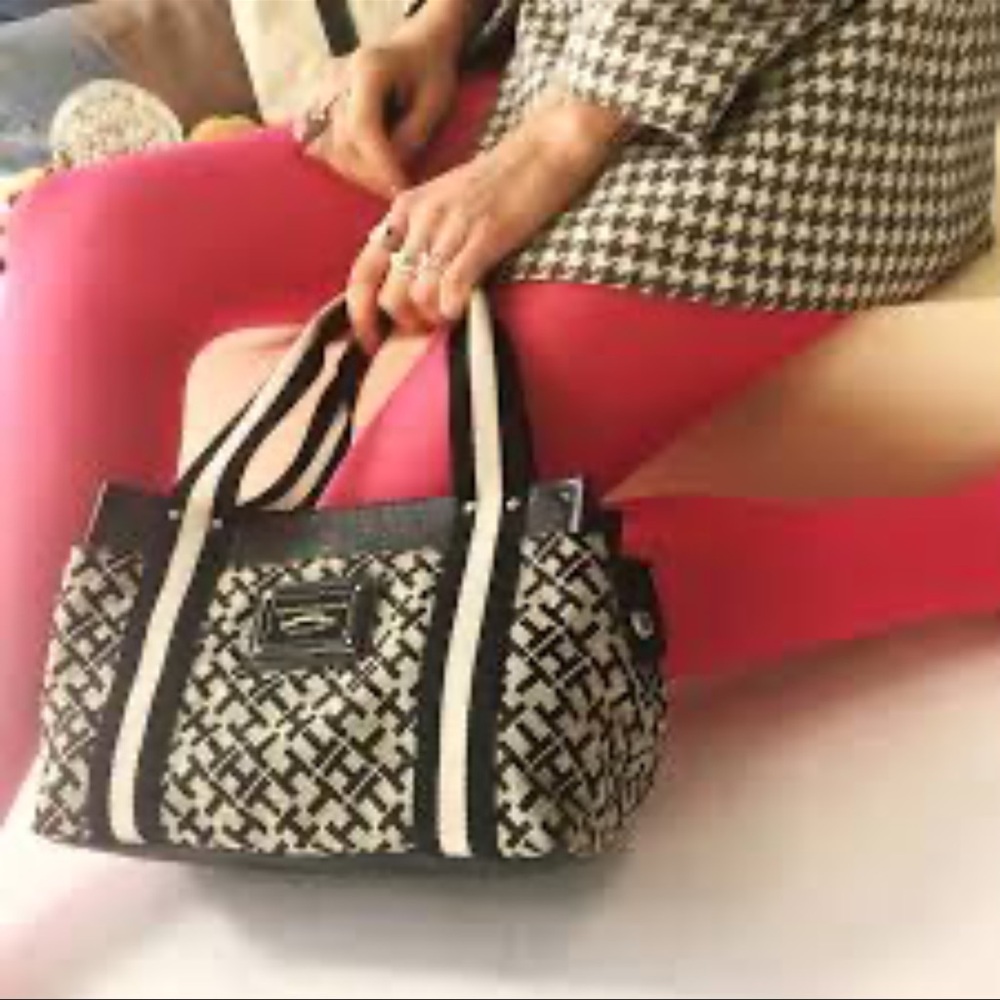 TOMMY HILFIGER Logo Print Fabric Satchel in Black/Gray — Minor wear at corners